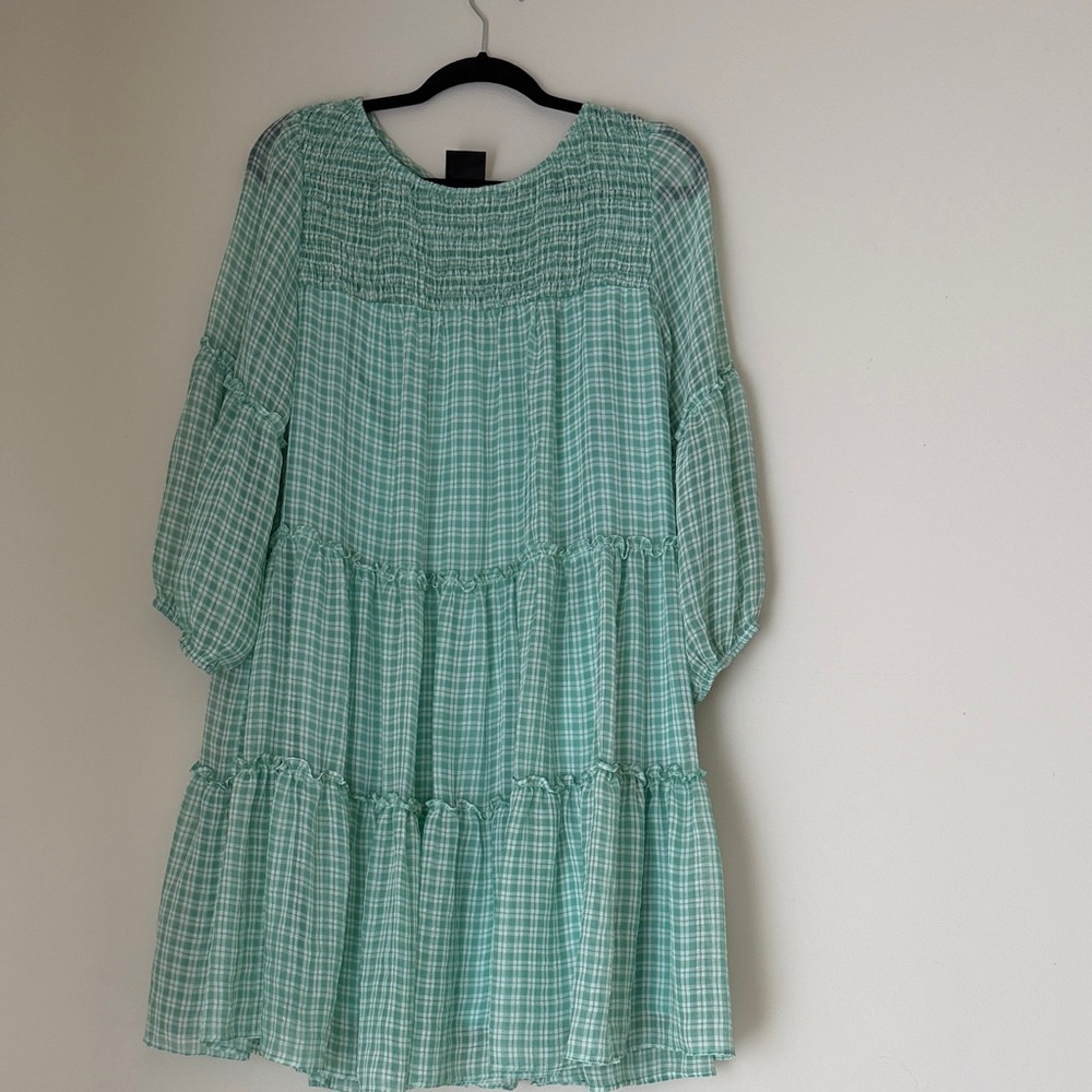 Maison Tara Light Green Plaid Long Sleeve Dress